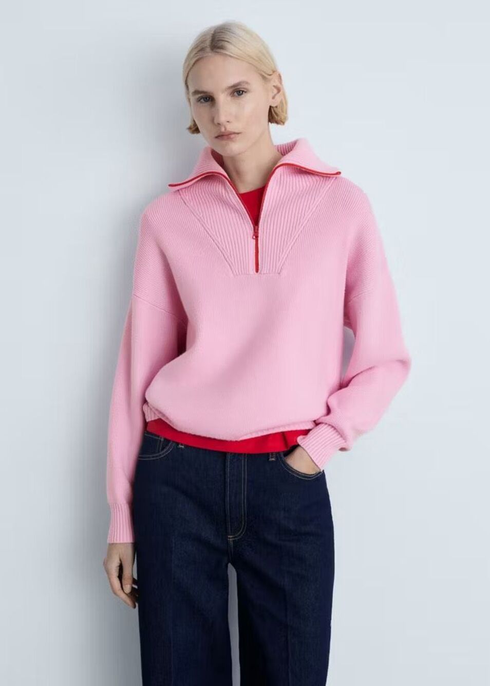 Mango Pink Collared Half-Zip Sweater